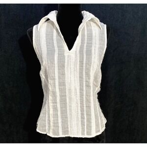 Renfrew Collection Top MED Ivory‎ Textured Stripe Island Boho Semi Sheer V Neck